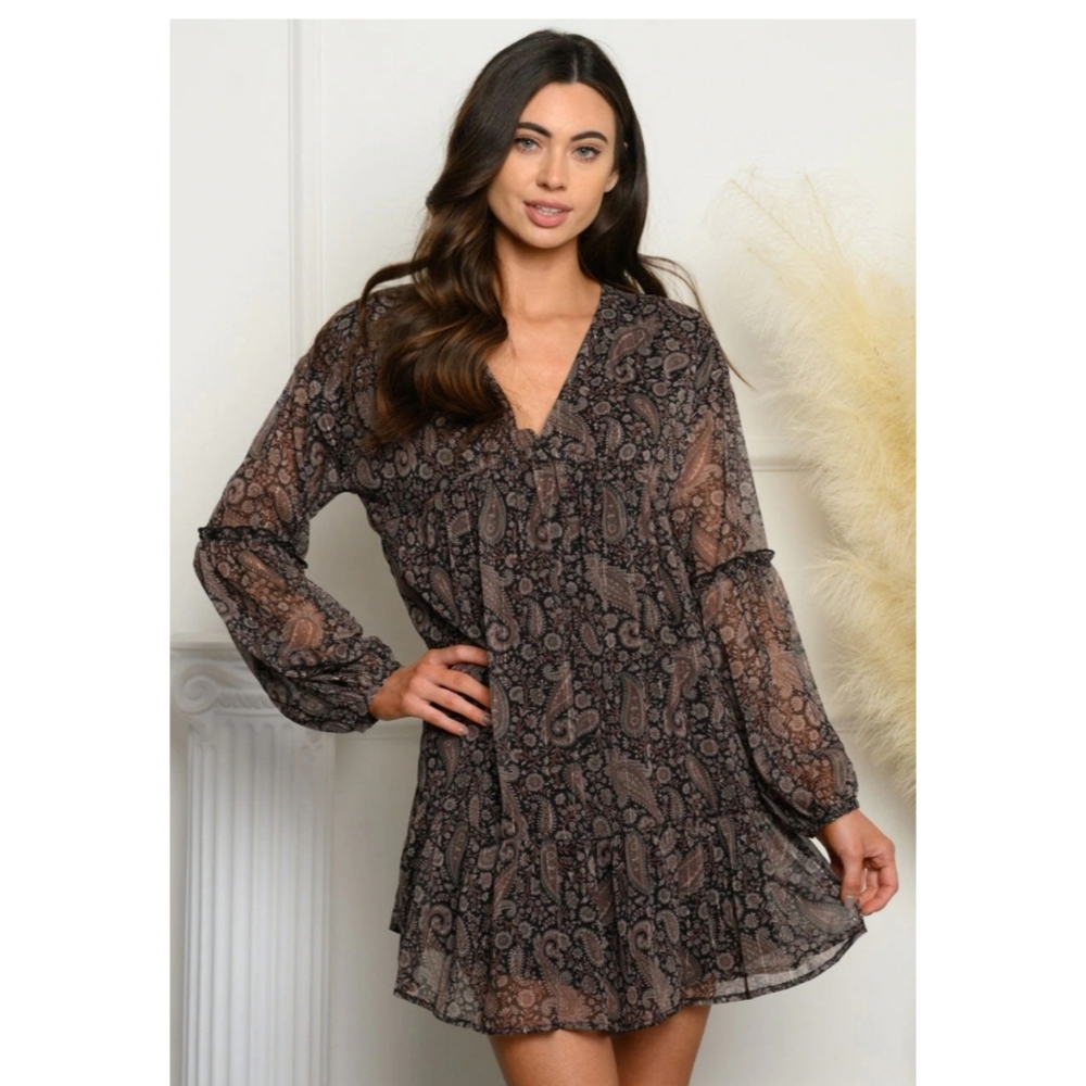 Boho chiffon paisley print Ruffled long sleeve V Neck Babydoll Tunic Dress